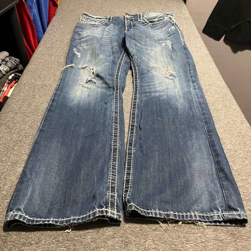 Rock Revival Mason Bootcut Jeans Mens 36x36 Blue Distressed Heavy Stitch Denim